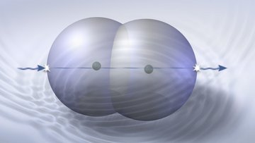 Grafik: Zwei sich berührende Kugeln mit einem blauen Kern befinden sich in einem flirrenden Umfeld; eine blaue Linie dringt links ein und rechts wieder aus 