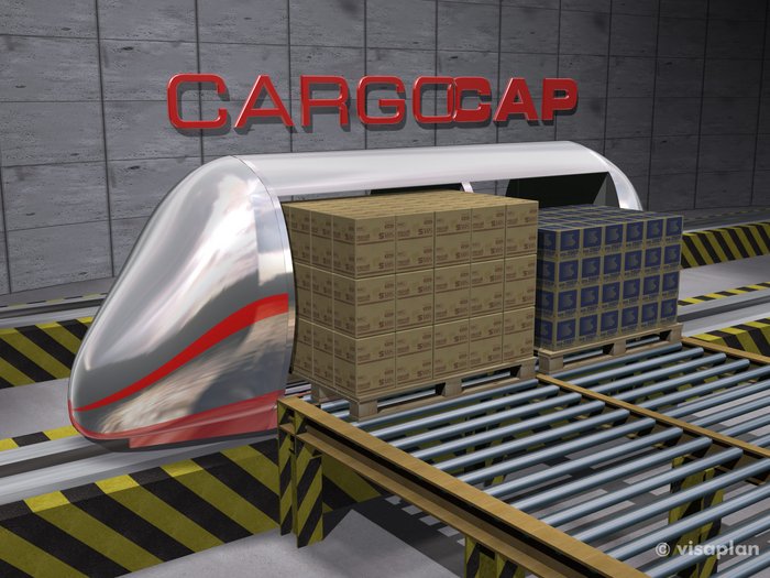 Modell eines CargoCap-Containers Computergrafik: Ein dosenförmiges Lastenfahrzeug hält vor einer Rollenförderlinie und wird mit Kartons auf Paletten befüllt.