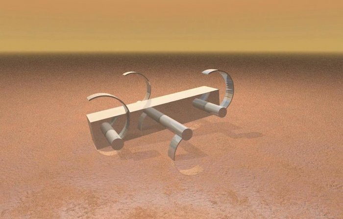 Simulation des Roboters Grafische Simulation des Roboters, an dessen kastenförmigen Körper je Seite drei C-förmige Beine zeitlich versetzt um drei Achsen drehen.