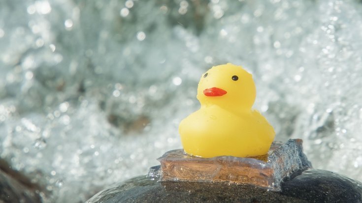 Gummiente klebt auf wasserumspülten Felsen | Bildquelle: Hao Guo, Hongguang Liao and Hailong Fan Eine gelbe Ente klebt auf einem Stein, im Hintergrund fließendes Wasser