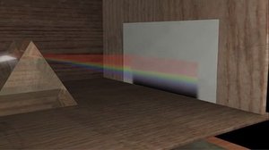 Computergrafik eines Versuchsaufbaus in einer Box: Ein gebündelter Lichtstrahl trifft von links auf ein transparentes, dreieckiges Prisma und wird in seine Spektralfarben zerlegt. Das entstehende Farbspektrum fällt auf ein Blatt Papier an der gegenüberliegenden Wand. Am unteren Ende des Farbspektrums ist ein fast schwarzer Streifen zu sehen.