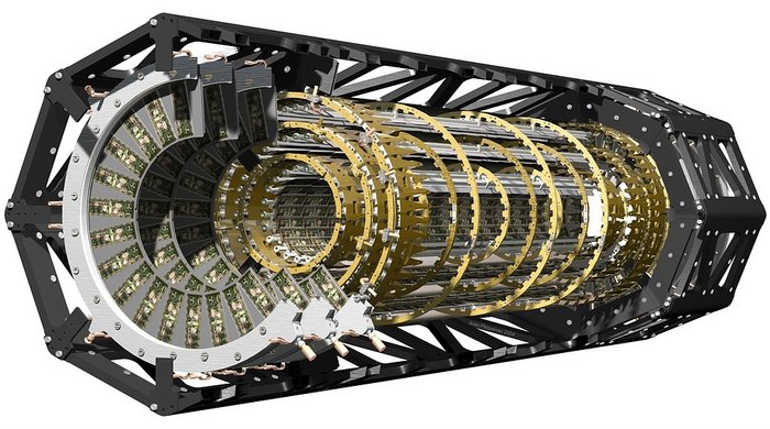 In diesem 3D-Modell des inneren Detektors von ATLAS sind die drei Lagen B, 1, 2 golden eingefärbt. Das Strahlrohr und die neue Lage IBL sind auf dem nächsten Bild zu sehen.