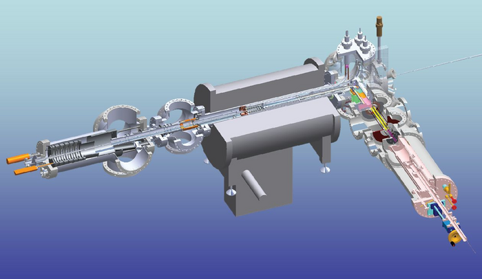 Schema der Ionenfalle Eine CAD-Zeichnung zeigt den schematischen Aufbau der Nanocluster Trap.