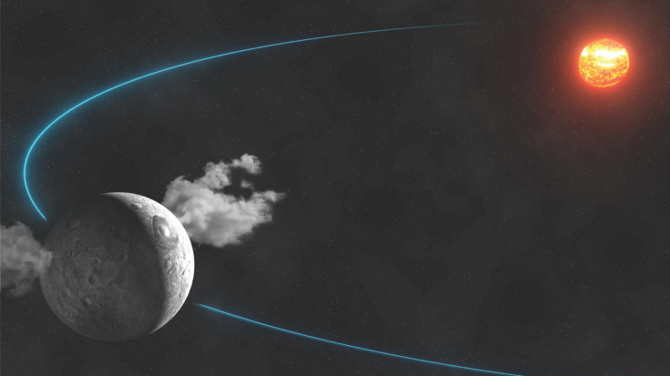 Künstlerische Darstellung von Ceres, Bildquelle: IMCCE-Observatoire de Paris/CNRS/Y.Gominet, B.Carry; Lizenz: gemäß den Bedingungen der Quelle Vorn links felsiger Himmelskörper mit zwei Dampfwolken. Die Umlaufbahn des Himmelskörpers ist durch eine Kurve angedeutet.