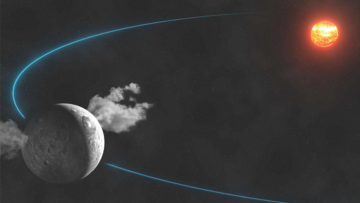 Vorn links felsiger Himmelskörper mit zwei Dampfwolken. Die Umlaufbahn des Himmelskörpers ist durch eine Kurve angedeutet.