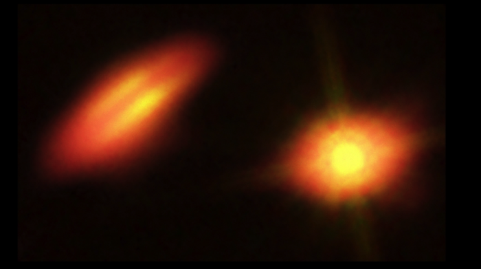 Gas- und Staubscheiben um HK Tauri Vor einem schwarzen Hintergrund links eine gelb leuchtendes ovales Objekt, rechts ein gelb strahlendes rundes Objekt