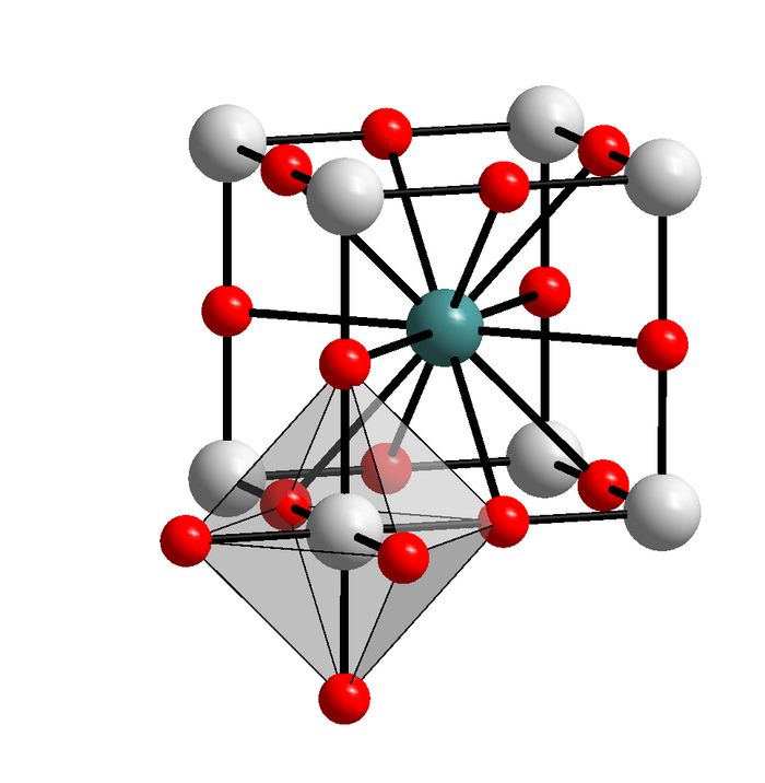Bild 5: Modell der Bariumtitanat-Kristallstruktur Grafik: Würfel, an dessen Ecken graue Kugeln sitzen (Barium), an den Kanten dazwischen kleinere rote Kugeln (Sauerstoff), im Raumzentrum des Würfels eine türkise Kugel (Titan). Am vorderen linken unteren Eck ist noch ein Oktaeder angefügt, mit dem Würfeleck als Zentrum und sechs roten Kugeln Sauerstoff, je eine in jeder Raumrichtung.