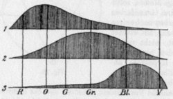 Dargestellt ist die von Helmholtz und Young vermutete Empfindlichkeit des Auges für die drei Farbtöne rot, grün und blau/violett.