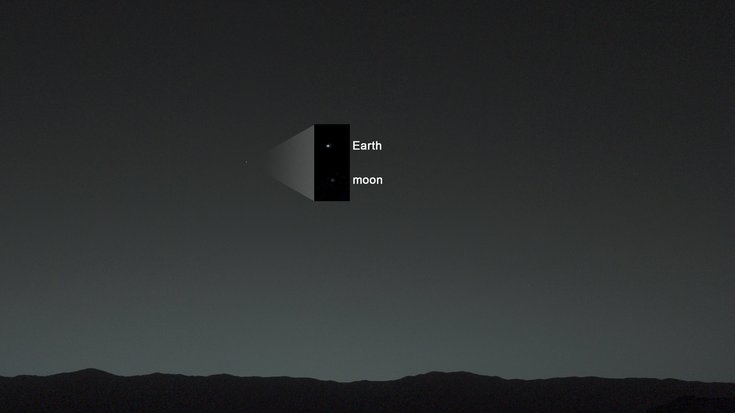 Dämmerungshimmel, in der linken Bildhälfte ein Lichtpunkt. Rechts davon eine Ausschnittsvergrößerung, die zwei Lichtpunkte zeigt, der obere (Erde) ist heller als der untere (Mond).