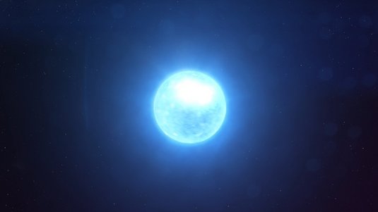 Die Grafik zeigt einen Neutronenstern, dargestellt als helle Kugel im Weltall.