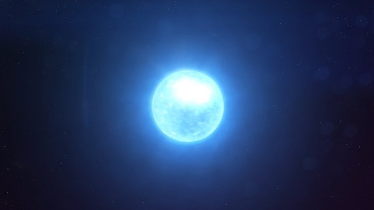 Die Grafik zeigt einen Neutronenstern, dargestellt als helle Kugel im Weltall.