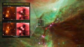 Eine Region eines Sternnebels ist hervorgehoben, Detailaufnahmen zeigen die gleiche Region in verschiedenen Wellenlängen im Jahr 2004 und 2008. Ein neues Objekt ist in einer Wellenlängen sehr schwach zu erahnen, in der anderen deutlich leuchtend zu erkennen.