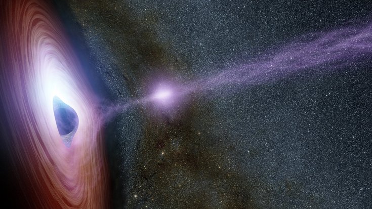 Künstlerische Darstellung eines supermassereichen Schwarzen Lochs | Bildquelle: NASA/JPL-Caltech Das Schwarze Loch ist als dunkler Kreis dargestellt, umgeben von einer leuchtenden Materiescheibe.