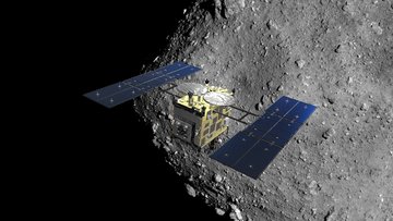 Eine satellitenartige Raumsonde vor einem großen Gesteinskörper mit felsiger Oberfläche im All