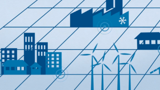 Eine Zeichnung von parallele Linien, die das Bild als Gitternetz durchziehen. An verschiedenen Stellen sind Kraftwerke wie Windräder oder Solaranlagen dargestellt, an anderen Stellen Verbraucher wie Häuser oder Fabriken.