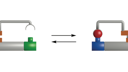 Schema: Auf einem kleinen Plättchen ein Greifarm, der sich zwischen zwei Positionen links und rechts bewegen und dabei einen Gegenstand bewegen kann.