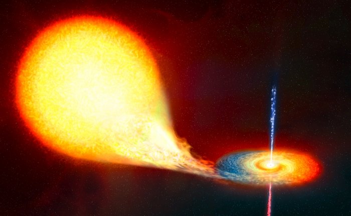 Neutronenstern Von einem Stern (links) strömt Materie in eine Scheibe um eine dunkles Objekt (rechts).