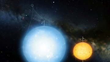 Die Illustration zeigt den Vergleich zwischen Kepler 11145123 und der Sonne. Kepler 11145123 ist größer als die Sonne, und leuchtet blauer, während die Sonne links daneben als kleiner und gelblich erscheint.
