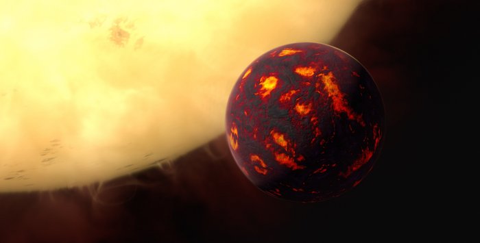 Grafik: Glühender Planet vor einem hellen Himmelskörper