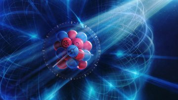 Grafik: Schematische Darstellung einer Zeigeruhr - in ihrer Mitte ballen sich mehrere Kugeln zusammen. die Uhrenmitte fällt mit einer Atommitte im Hintergrund zusammen