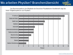 Das Branchenspektrum der Mitglieder der Deutschen Physikalischen Gesellschaft zeigt das breite Tätigkeitsspektrum von Physikern. Die Top-Branchen sind IT/Software mit 18%, Elektronik/Elektro mit 17%, Optik/Laser mit 11% und Halbleiter mit 10%.