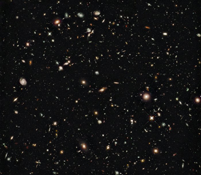 Aufnahme zahlreicher Galaxien verschiedener Farbe und Leuchtstärke.