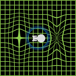 Zweidimensionales grünes Raster als Darstellung des Raumes, durch dass sich ein Raumschiff bewegt. Direkt vor dem Raumschiff sind die Quadrate des Rasters zusammengedrückt, dahinter sind sie auseinander gezogen.