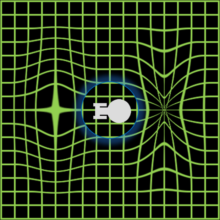 Zweidimensionales grünes Raster als Darstellung des Raumes, durch dass sich ein Raumschiff bewegt. Direkt vor dem Raumschiff sind die Quadrate des Rasters zusammengedrückt, dahinter sind sie auseinander gezogen.