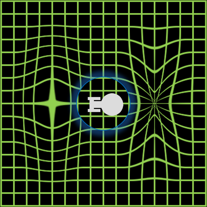 Alcubierre-Warp-Antrieb Zweidimensionales grünes Raster als Darstellung des Raumes, durch dass sich ein Raumschiff bewegt. Direkt vor dem Raumschiff sind die Quadrate des Rasters zusammengedrückt, dahinter sind sie auseinander gezogen.