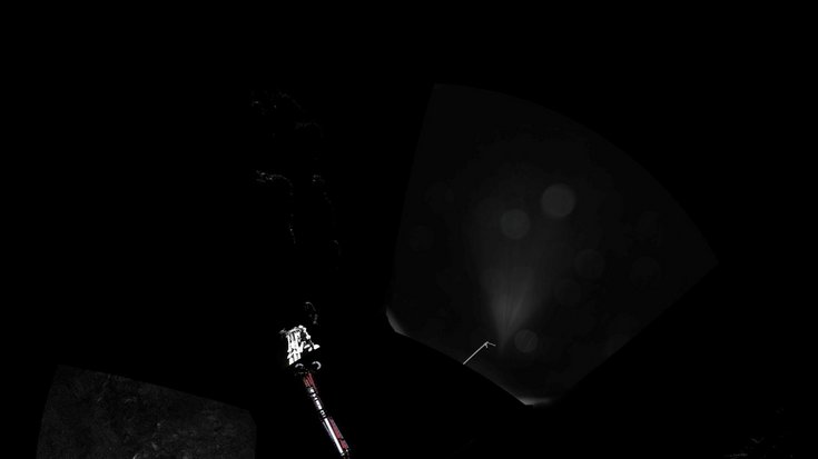 Vermutete Lage von Philae auf 67P/Churyumov-Gerasimenko Dreibeinige Raumsonde auf einer zerklüfteten Gesteinsoberfläche