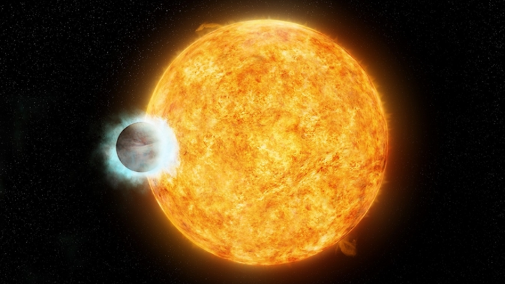 Künstlerische Darstellung eines jupitergroßen Planeten in einer extrem engen Umlaufbahn | Bildquelle: NASA Jupiterähnlicher Planet vor einem Stern