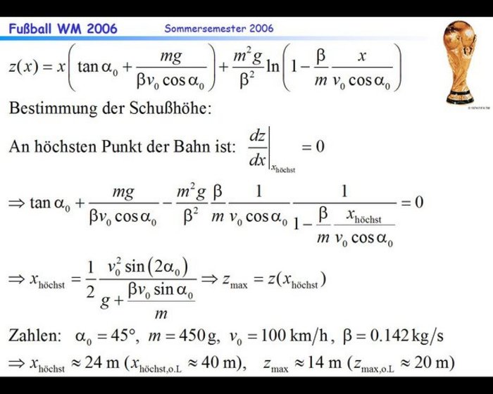 Formeln: Herleitung der Koordinaten des Scheitelpunkts bei einer Ballflugbahn mit Stokes-Reibung