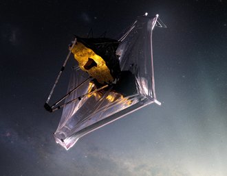 Künstlerische Darstellung Ein Weltraumteleskop im All: Links sieht man eine eine Antenne, die im Inneren Beleuchtet ist; rechts schirmt eine Art Segel die Antenne ab.