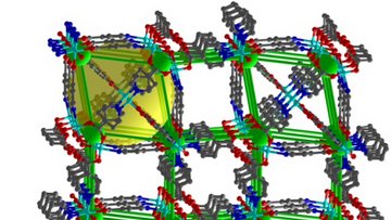 Dieses Metall-organische Gerüst (Kristallmodell) kann in seinen Mikroporen ungewöhnlich viel Kohlendioxid aufnehmen.