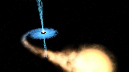 Von einem Stern strömt Gas zu einem Schwarzen Loch. Das Gas bildet eine Scheibe um das Schwarze Loch. Senkrecht dazu gehen nach oben und unten Strahlen von dem Schwarzen Loch aus.