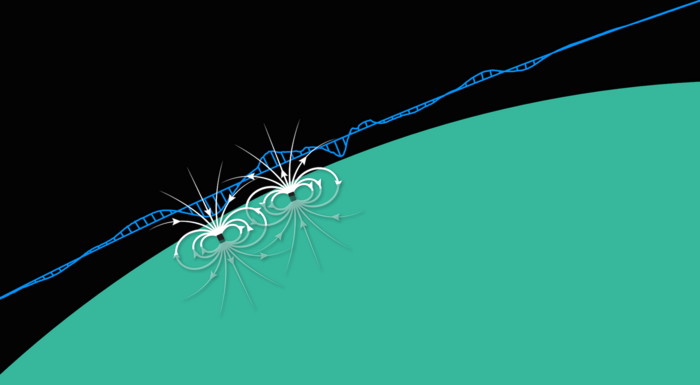 Grafische Darstellung des Verfahrens: Teil der Planetenoberfläche mit symbolischer Magnetisierung, eine Linie darüber symbolisiert die Flugbahn, darauf aufgetragen die Messung des Magnetfelds