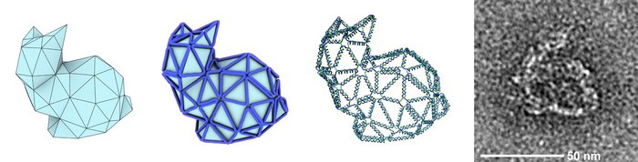 Links schematische Form eines Hasen aus Dreiecken, zwei detailliertere Zwischenstufen, rechts dann die unscharfe Aufnahme des zusammengefalteten Hasenmodells.