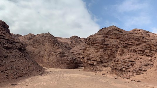 Wüstenlandschaft mit Felsformationen im Hintergrund