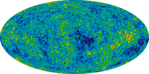 Farblich „gesprenkeltes“ Abbild des Universums. Die verschiedenen Farben entsprechen jeweils unterschiedlichen Temperaturen der kosmischen Hintergrundstrahlung.