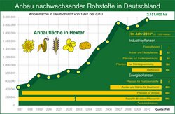 Die Grafik zeigt die Größe der Anbaufläche für nachwachsende Rohstoffe in Deutschland zwischen 1997 und 2010. Besonders stark angestiegen ist der Flächenbedarf zwischen 2003 bis 2010, von etwa 800.000 Hektar auf über 2 Millionen Hektar.