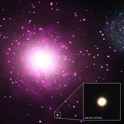Die elliptische Galaxie ist ein großer, etwas verwaschener heller Fleck, umgeben von vielen hellen Punkten. Einer dieser hellen Punkte zeigt sich vergrößert wieder als leicht verwaschenes Objekt.