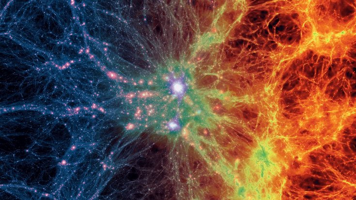 Simulation des kosmisches Netzes | Bildquelle: ESA Leuchtendes miteinander, miteinander verwobenes netzartiges Gebilde, links eher dunkel, rechts feurig-hell; in der Mitte ballen sich beide in einer engen Verbindungsstelle, die grünlich schimmert.