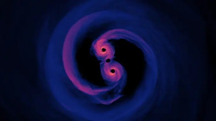 Zwei miteinander verschmelzende Schwarze Löcher | Bildquelle: NASA's Goddard Space Flight Center/Scott Noble; simulation data, d'Ascoli et al. 2018 Illustration von zwei Kreisen, um die sich jeweils eine spiralförmige, neblige Struktur befindet.