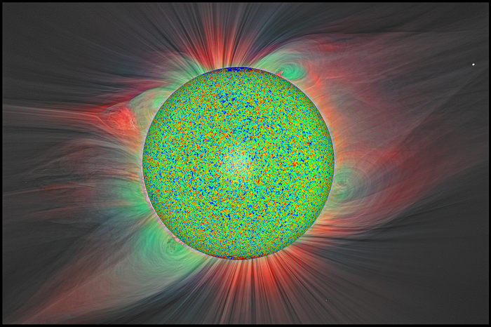 Atmosphäre der Sonne Scheibe mit gemaserter Musterung, um die herum Strahlen und Nebelschwaden abgebildet sind.