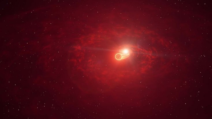 Künstlerische Darstellung: Zwei miteinander verschmolzene Sterne am Himmel, im Vordergrund ein Teleskop