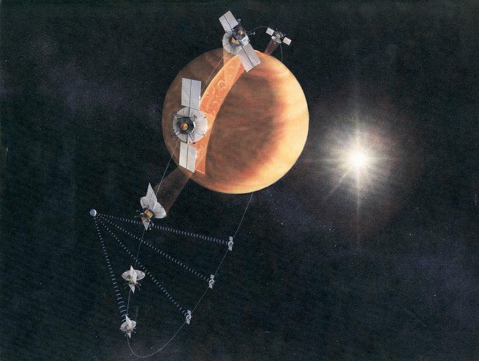Raumsonde Magellan Satellitenähnliches Fluggerät im All, dass einen Planeten ablichtet