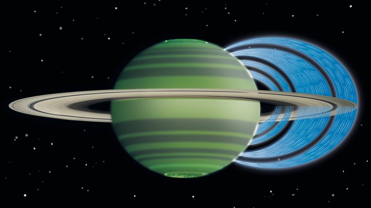 Saturn mit Ringsystem, von den Ringen aus geht ein Wasserstrom zu den mittleren breiten des Planeten