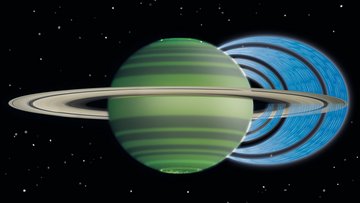 Saturn mit Ringsystem, von den Ringen aus geht ein Wasserstrom zu den mittleren breiten des Planeten