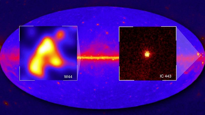 Supernova-Überreste IC 433 und W44 Zwei Bilder im Gammastrahlenbereich, auf beiden sind hell leuchtende Areale in einer dunkleren Umgebung zu sehen, die die Supernova-Überreste darstellen. Im Hintergrund ist ein Strahlenhintergrund des Universums zu sehen.