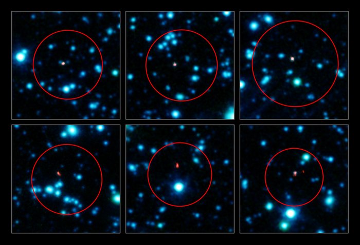 Neu geortete Galaxien Sechs Galaxien sind in den Bildern von ALMA zu sehen. Sie überlagern alte Aufnahmen, sodass deutlich wird, dass die neuen Bilder genauer zeigen, wo Galaxien sind.